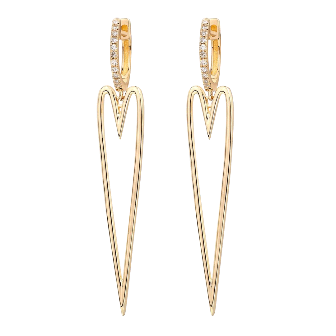 gold and diamond huggie earrings with elongated heart pendants