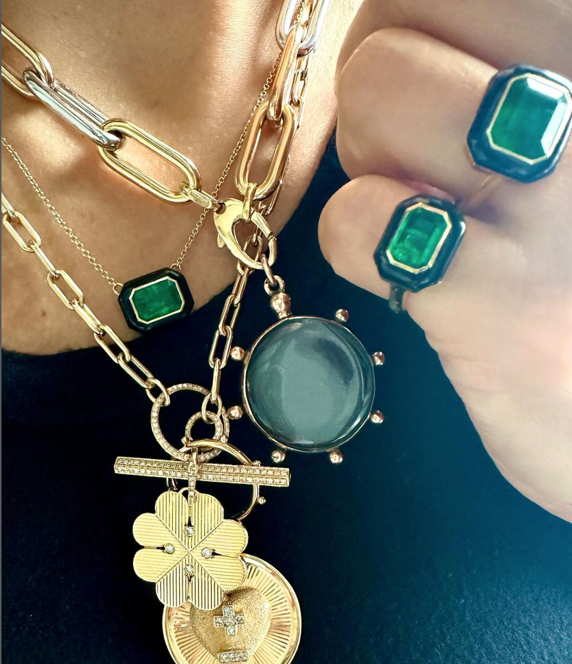 Emerald and Black Enamel Bezel Necklace